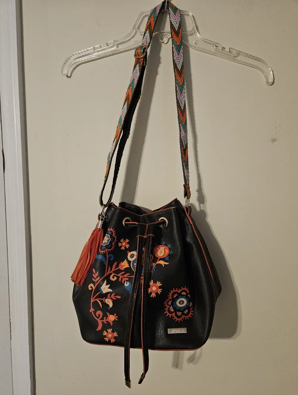 Embroidered Floral Bucket Shoulder Bag in Black and Orange